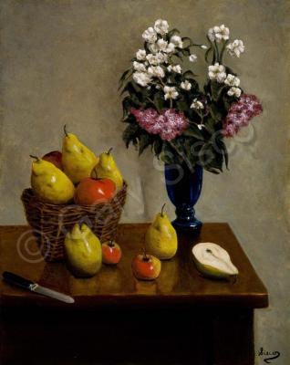 Still Life - Apples Pears And Flowers - Oil On Linen