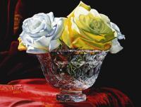 Roses And Red Silk - Watercolor Paintings - By Soon  Y Warren, Realism Painting Artist