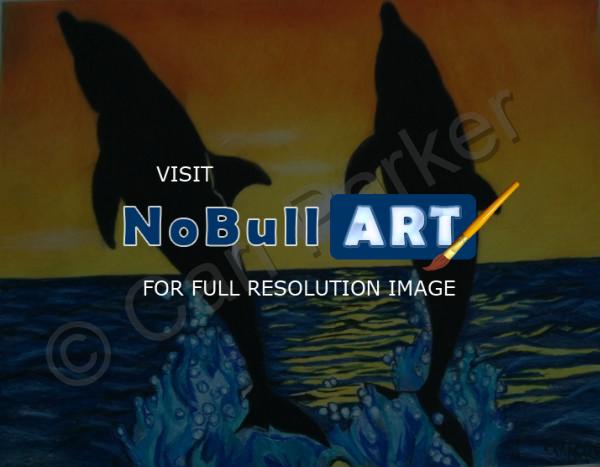 Sea Life - Dolphins At Sunset - Colored Pencil