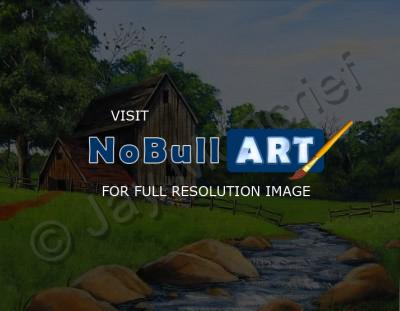 Acrylic Landscape - Barn And Stream - Acrylic