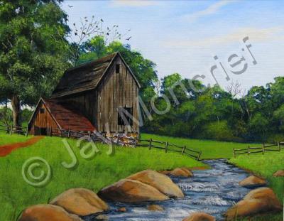 Acrylic Landscape - Barn And Stream - Acrylic