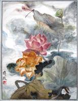 Lotus Land Part 1-----Lotuses With A Dragonfly - Ink Chinese Color Paintings - By Wong Tsz Mei, Chinese Painting Painting Artist