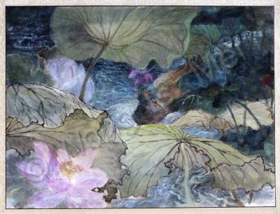 Artist Owned - Lotus Landpart 3----A Wild Duck In The Lotus Pond - Ink Chinese Color