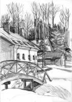 Landscape - Pushkinogorie - Black Watercolor  Charcoal