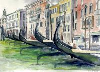 The Gondolas Along The Grand Canal - Watercolor Paintings - By Manuel Gonzales, Architectural Realism Painting Artist