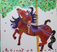 Carousel Horse In A Cherry Tree - Acrylicoil On Canvas Mixed Media - By Cat Guarino, Abstract Within Reality Mixed Media Artist
