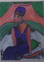 Folk Art - Lady Sitting On Bed - Mixed Media