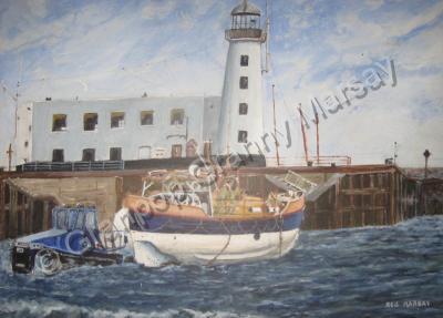 Painted And Enhanced From Phot - Scarborough Lighthouse And Lifeboat - Oil