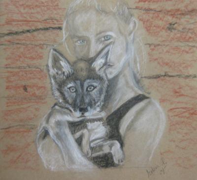 Practice - Girl With Wolf - Conte Crayon