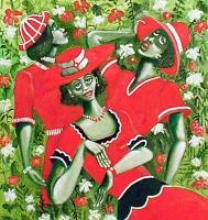 Three Women In Red - Acrylic On Canvas Paintings - By John Lane, Imaginative Painting Artist