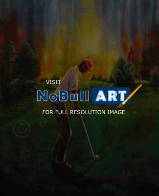 Symbolistic - Golfing Into The Setting Sun - Acrylic On Canvas