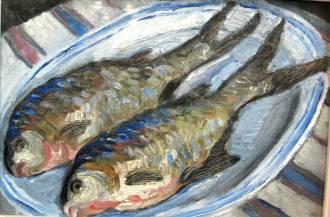 Still Life - Fish - Oil On Cardboard