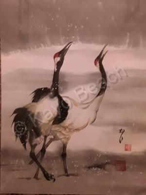 Sumie - Two Cranes - Sumi Ink Water Color