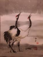 Two Cranes - Sumi Ink Water Color Paintings - By Kayo Beach, Sumie Painting Artist