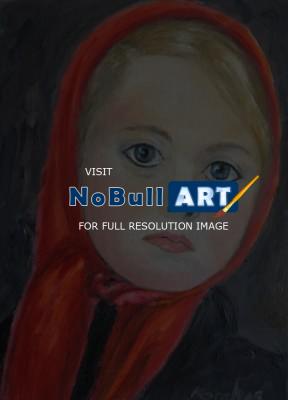 Portrait - Child With Red Scarf - Oil On Canvas