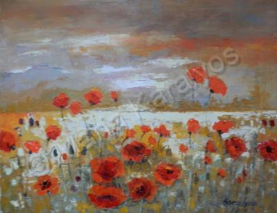 Landscape - Summer Landscape With Poppies - Oil On Canvas