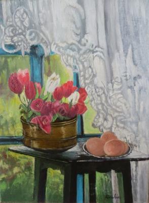 Still Life - Still Life With Red Tulips - Oil On Canvas