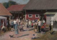 Hen Exchange Day - Oil On Panel Paintings - By Zacheriah Kramer, Realism Plein Air Painting Artist