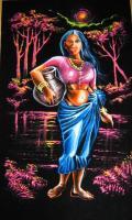 Village Girl Caring A Water Pot - Fabric Paintings - By Sudath Berugoda Arachchi, Black Velvet Painting Artist