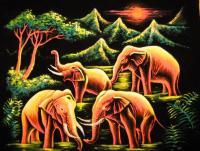 Elephant Bathing - Fabric Paintings - By Sudath Berugoda Arachchi, Black Velvet Painting Artist