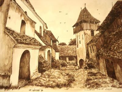 Drawing Ink On Paper - Church From Viscri - Ink