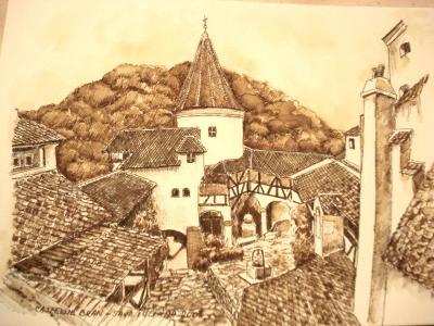 Drawing Ink On Paper - Castle From Bran 4 - Ink