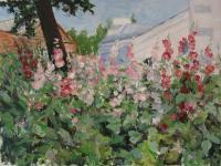 Hollyhocks - Oil On Paper Paintings - By Olga Gorbacheva, Impressionism Painting Artist