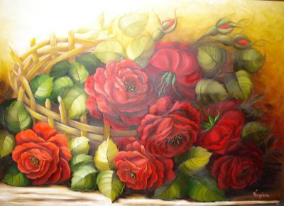 Peinture - Rosas Vermelhas No Cesto - Oil On Canvas