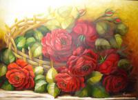 Rosas Vermelhas No Cesto - Oil On Canvas Paintings - By Virgnia Arajo, Impressionismo Painting Artist
