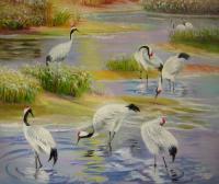 Crane Paradise 1 - Oil On Canvas Paintings - By Lian Zhen, Contemporary Painting Artist