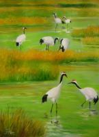 Crane Paradise 2 - Oil On Canvas Paintings - By Lian Zhen, Contemporary Painting Artist
