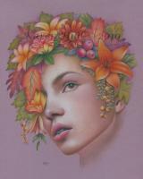 Goddess Of Autumn - Coloured Pencils On Matte Boar Drawings - By Karen Hull, Realism Drawing Artist