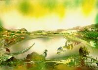 Fantasy World Paintings - Lake Of Spirits - Spray Paint On Paperboard