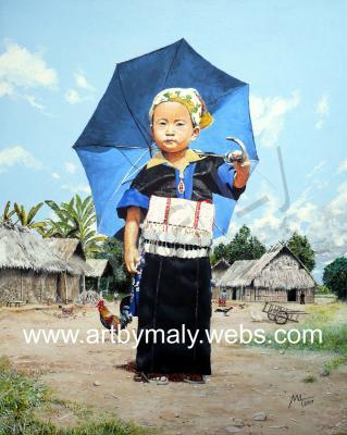 Hmong - The Little Girl With The Blue Umbrella - Gouache