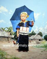 The Little Girl With The Blue Umbrella - Gouache Paintings - By Ma Ly, Realism Painting Artist