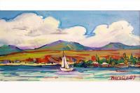 Boat On Lake Sevan - Acrylic On Canvas Paintings - By Arthur Khachar, Impressionism Painting Artist