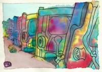 Cadillac Ranch - Watercolor Paintings - By Angela Nhu, Whimsical Painting Artist
