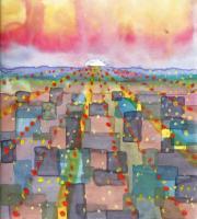 Chicago Sunset - Oil Pastel And Watercolor Mixed Media - By Angela Nhu, Whimsical Mixed Media Artist