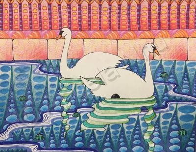 Travel - Palma De Mallorca Swans - Gel Pen Colored Pencil And Ink