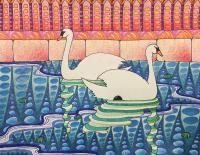 Palma De Mallorca Swans - Gel Pen Colored Pencil And Ink Drawings - By Angela Nhu, Art Nouveau Drawing Artist