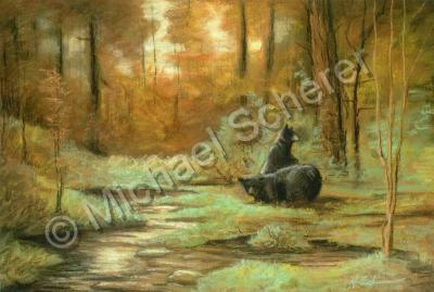 Wildlife Landscape - Bears In Autumn - Pastel