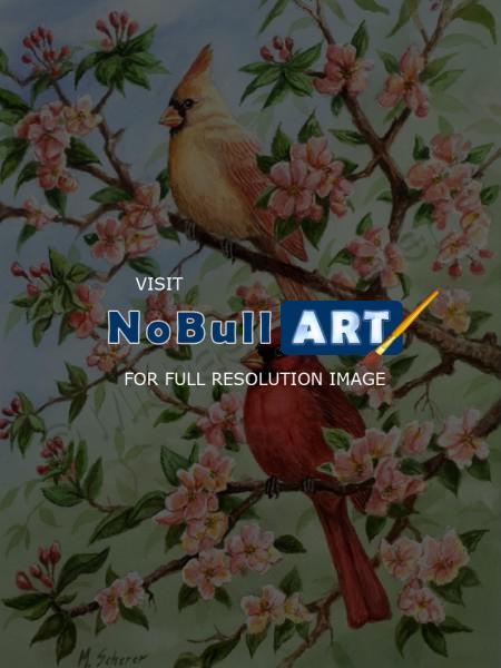 Wildlife - Cardinals In Spring - Watercolor