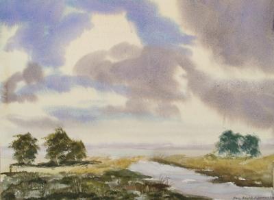 Watercolor Paintings - Wide Landscape With River - Watercolor