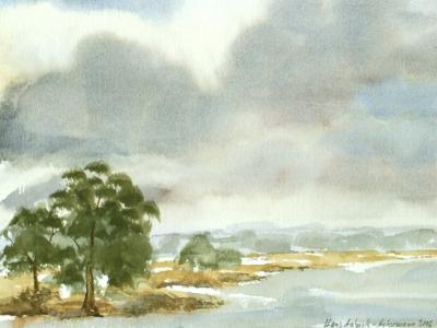 Watercolor Paintings - Lakeside Landscape 22 - Watercolor