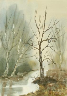 Watercolor Paintings - Small Autumn River With Trees - Watercolor