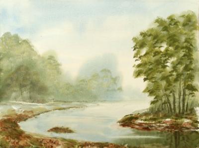 Watercolor Paintings - River Bend Landscape - Watercolor