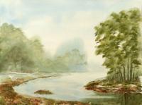 River Bend Landscape - Watercolor Paintings - By Hans Aabeck-Ackermann, Impressionist Painting Artist