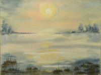 Watercolor Paintings - Misty Morning Over The Lake - Watercolor