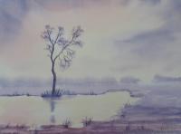 Lonely Tree In Wide Landscape - Watercolor Paintings - By Hans Aabeck-Ackermann, Impressionist Painting Artist