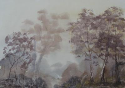 Watercolor Paintings - Foggy Morning In The Autumn Woods - Watercolor